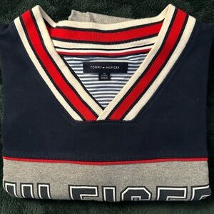 Navy/Gray Tommy Hilfiger V-neck sweatshirt.